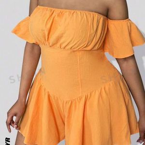 SHEIN Women's Plus Size 3XL Orange Off Shoulder Ruched Bust Ruffle Hem Romper